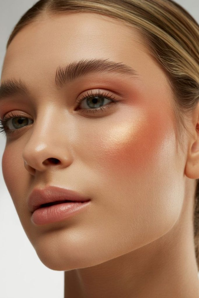 Terracotta sunset blush makeup style.