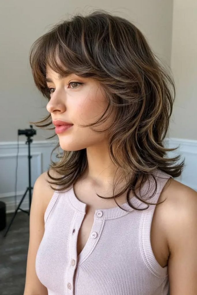 Textured midi Hush Cut hairstyle.