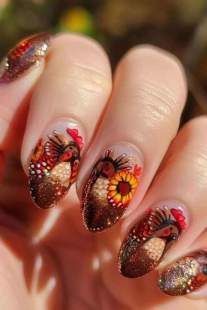 Cute Thanksgiving turkey nail art.
