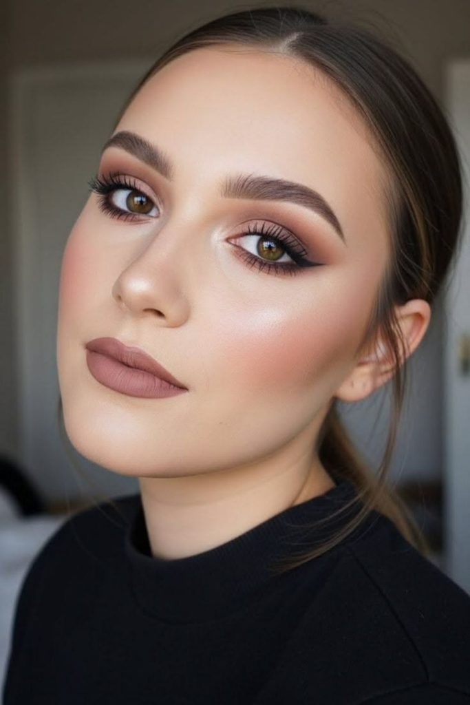 Toasted almond neutral makeup look.