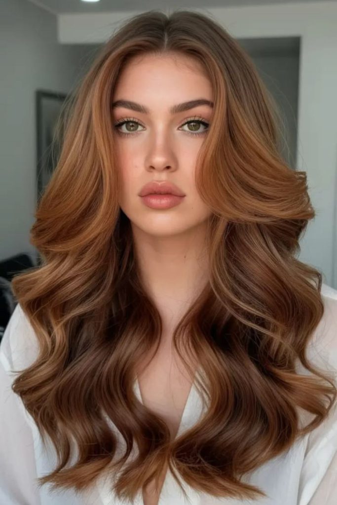 Toasted strawberry brunette hair with curls.