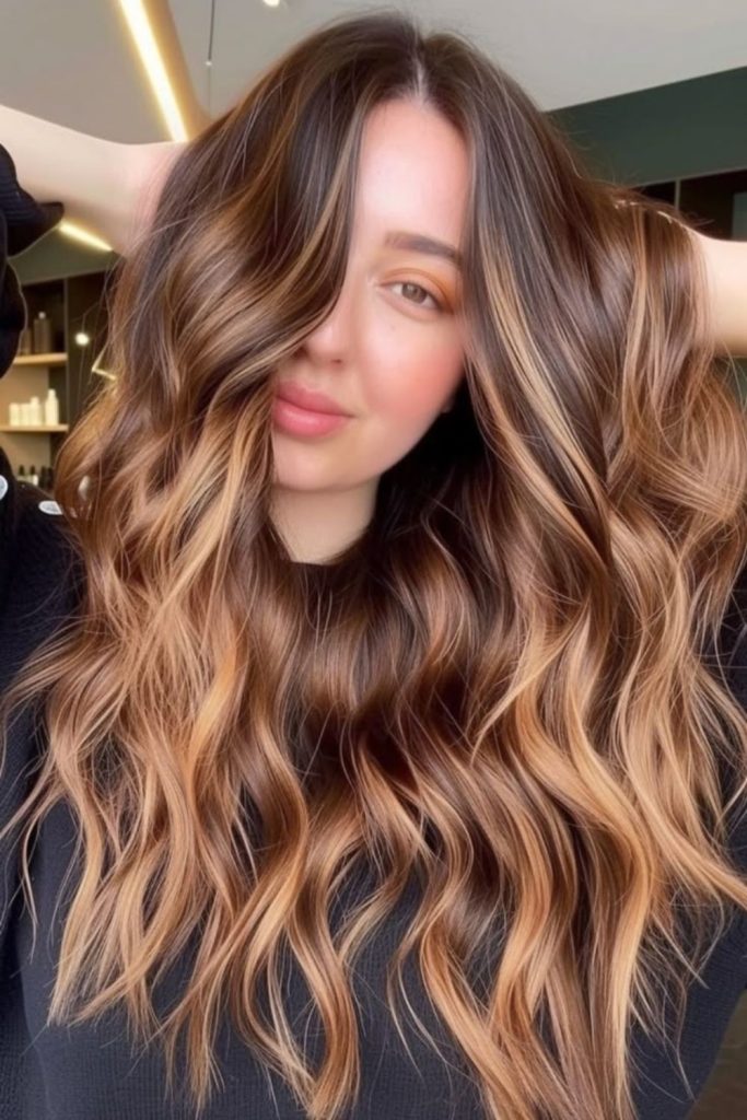 Toffee ribbon brunette balayage hairstyle.