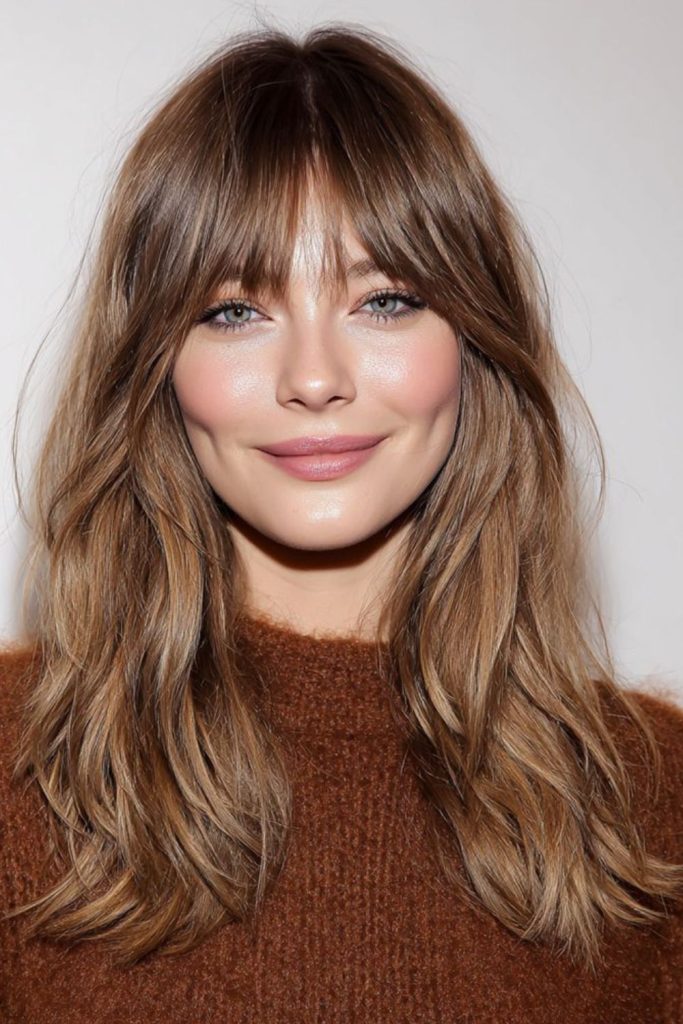 Tousled Birkin fringe with natural texture.