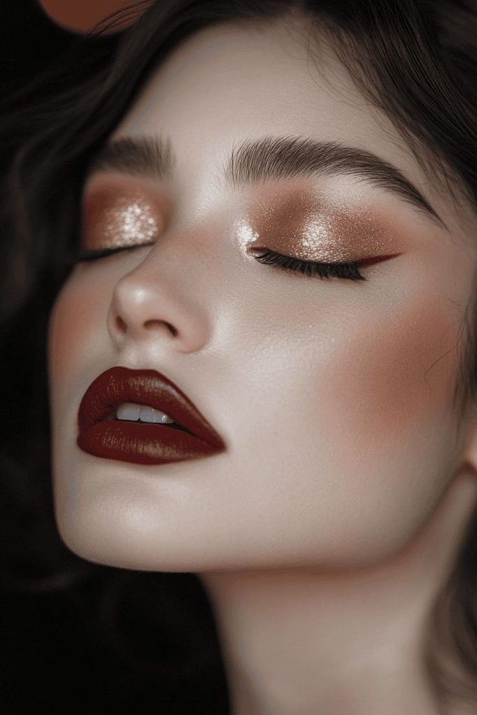 Vampy copper and plum makeup look.