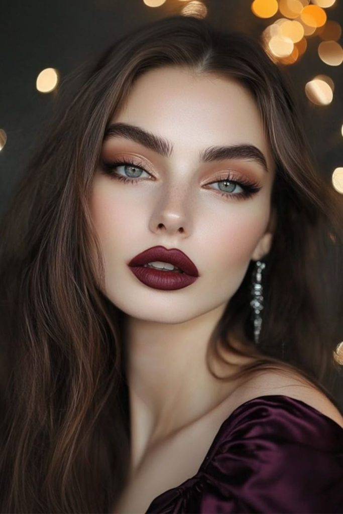 Velvet cherry makeup with rich burgundy lips.