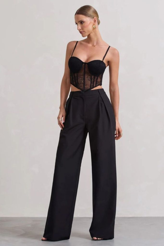 Velvet corset with tailored pants.