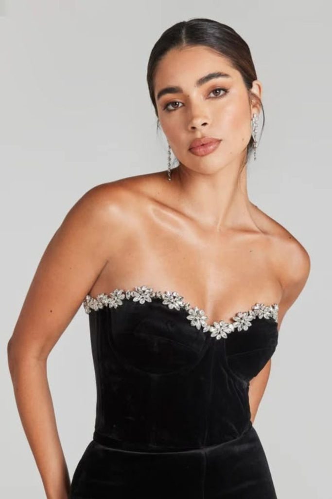 Black velvet corset night outfit.