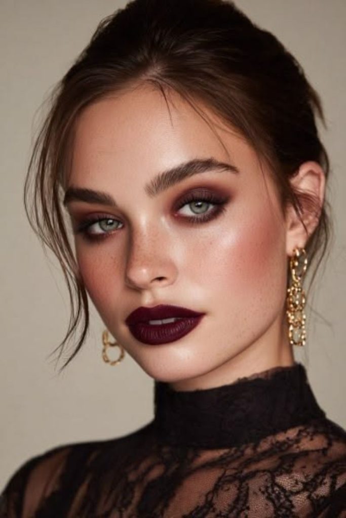 Velvet noir burgundy vampy makeup look.