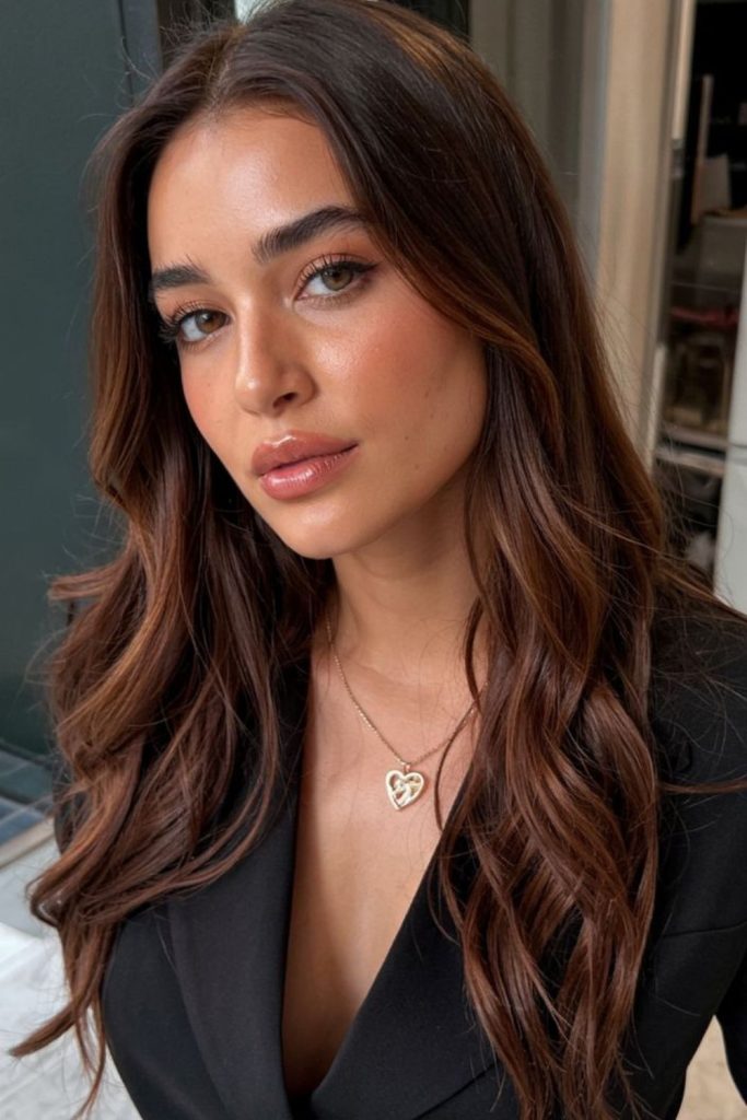 Refined walnut whisper brunette hair.