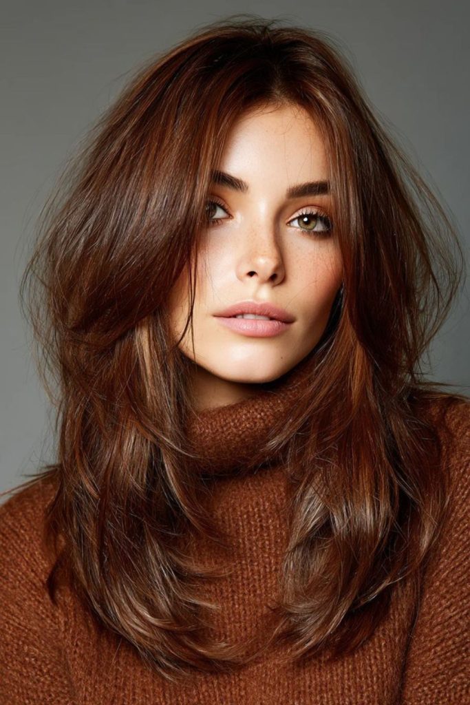 Warm strawberry brunette hair with glow.