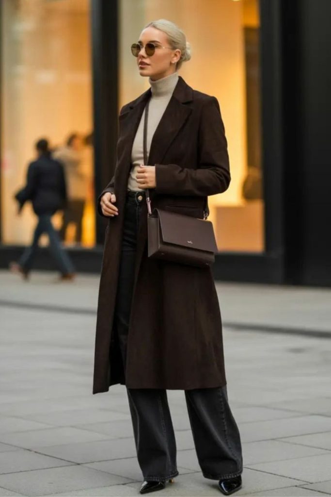 Black trousers cozy winter outfit.