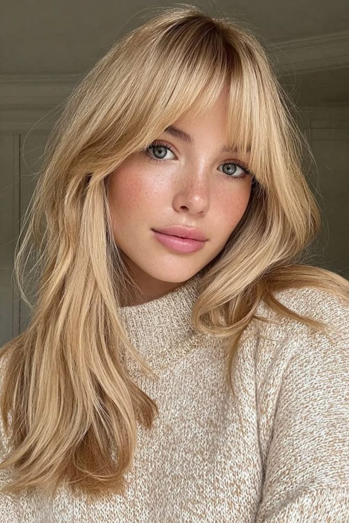 Wispy blonde Birkin bangs with layers.