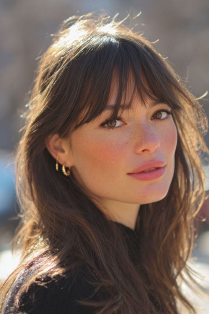 Wispy brunette Birkin bangs with layers.