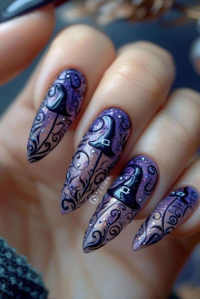 Witch hat nails with purple sparkles.