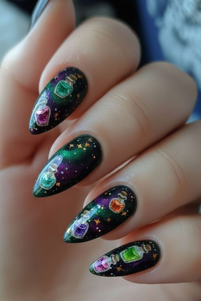 Witchy Potion Bottle Halloween Nail Art
