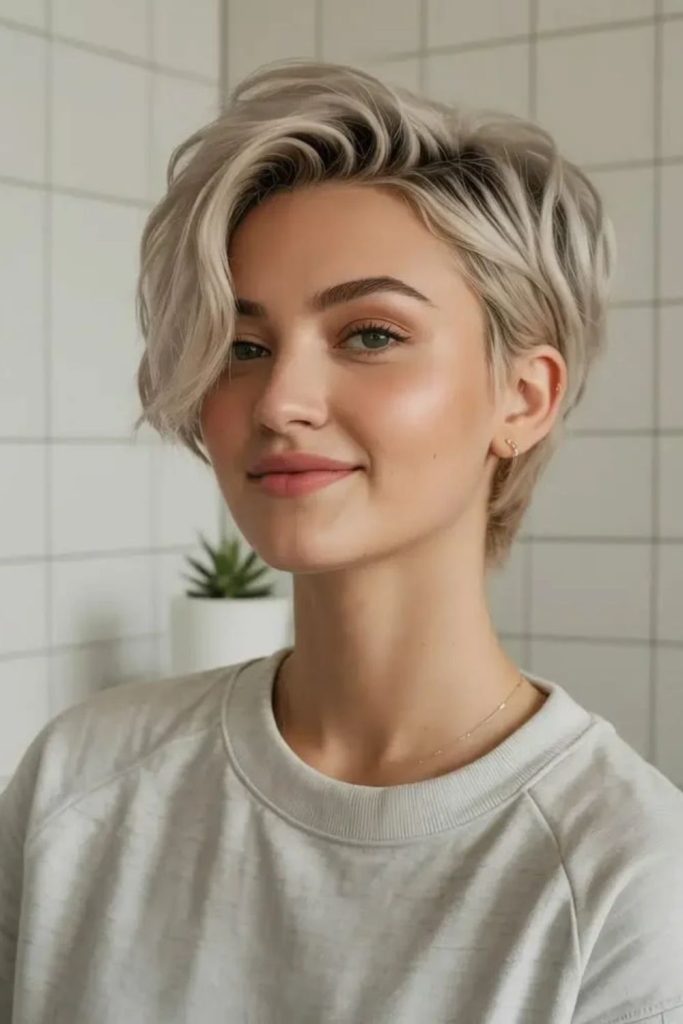 Asymmetric pearl blonde pixie bob.