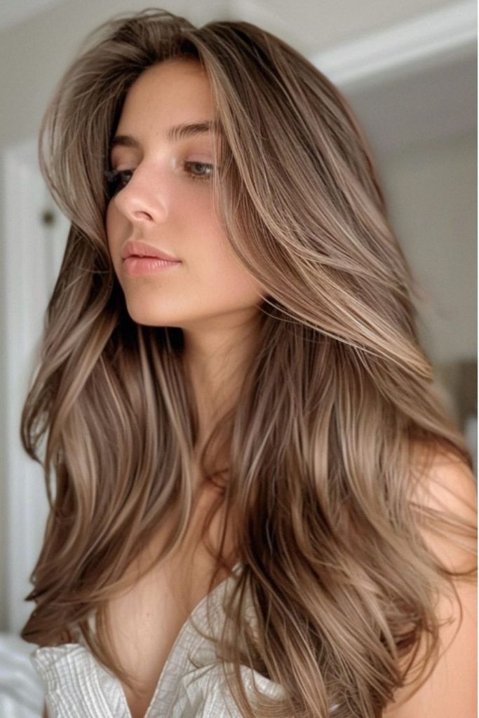Beige bronde hair with subtle ribbons.