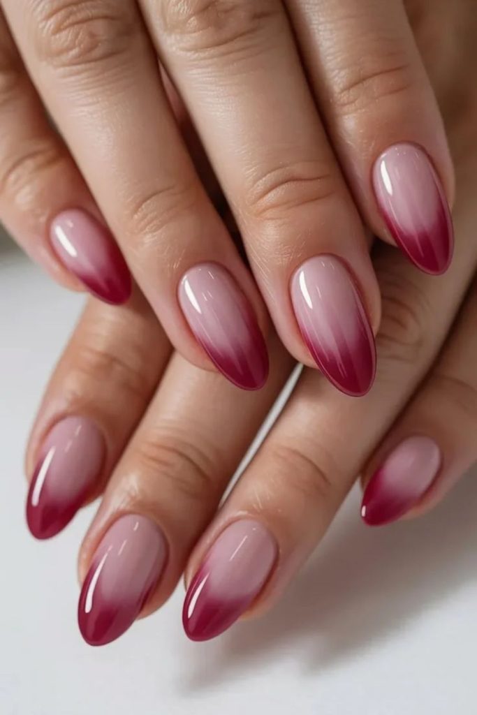 Soft cranberry ombre almond nails