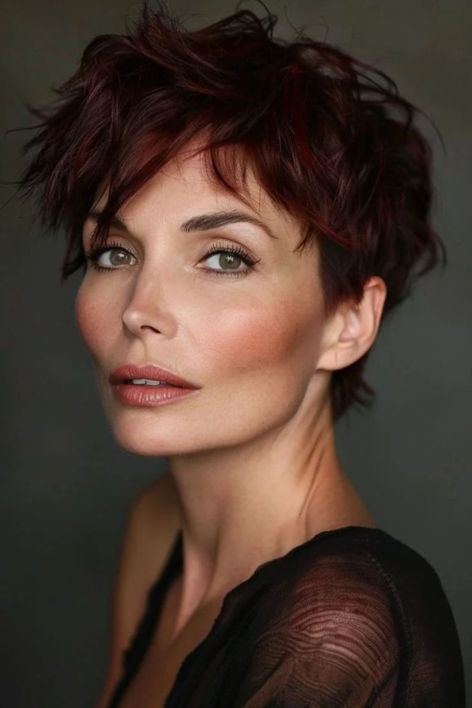 Black cherry textured pixie haircut