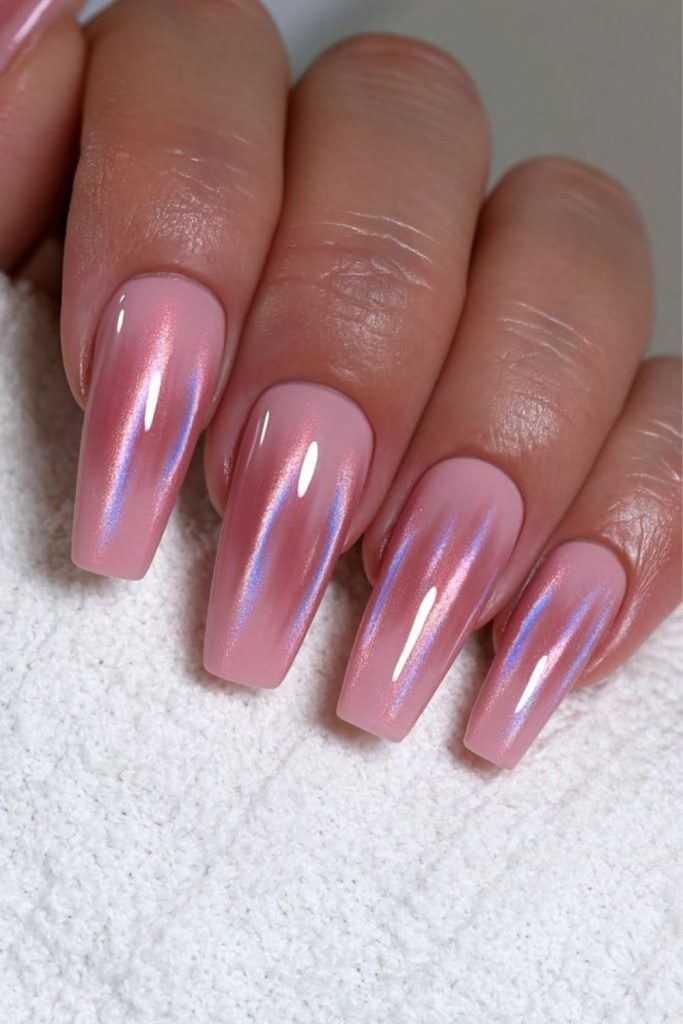 Blush pink chrome coffin nails.