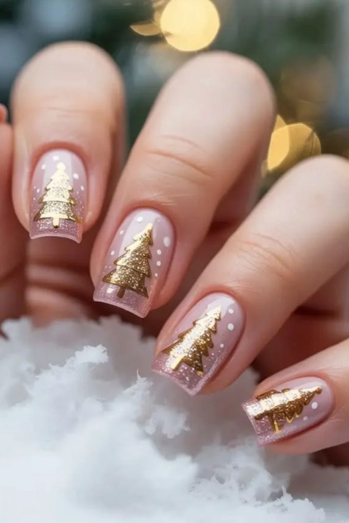 Blush pink Christmas pine nail art.