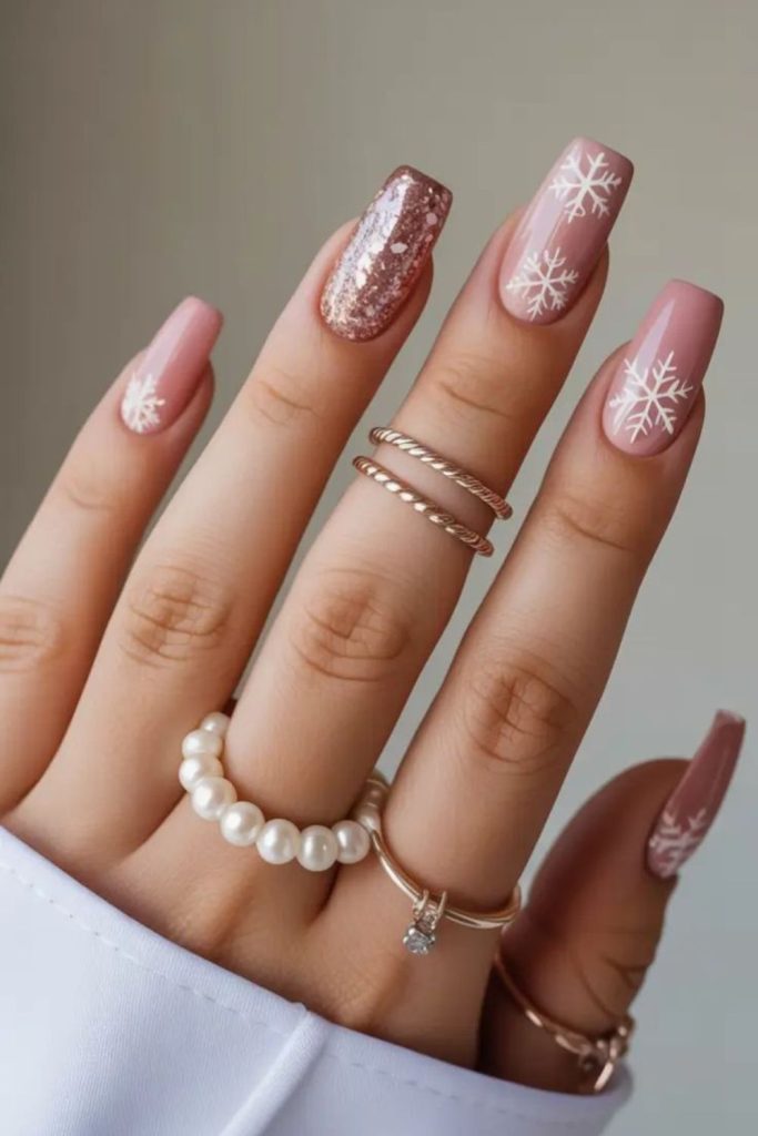 Blush pink delicate snowflake nails.