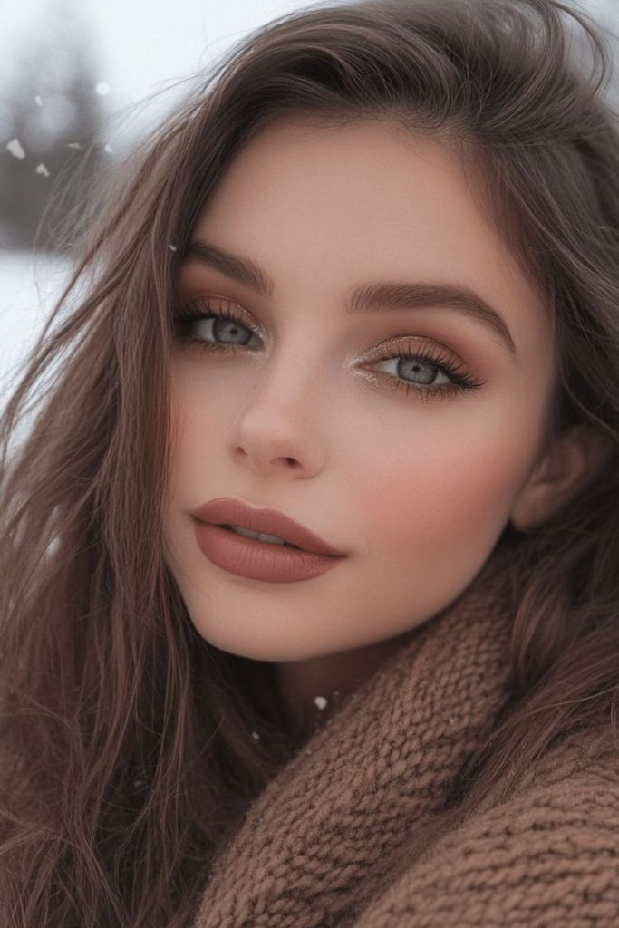 Blushed scarf girl winter makeup.