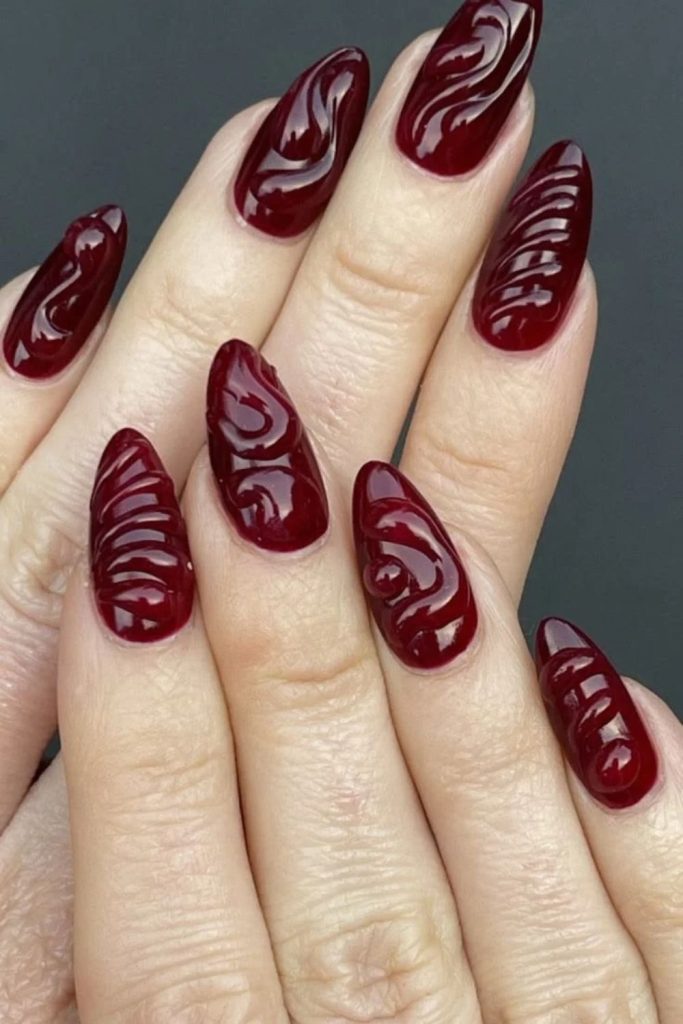 Bordeaux velvet wave nail art