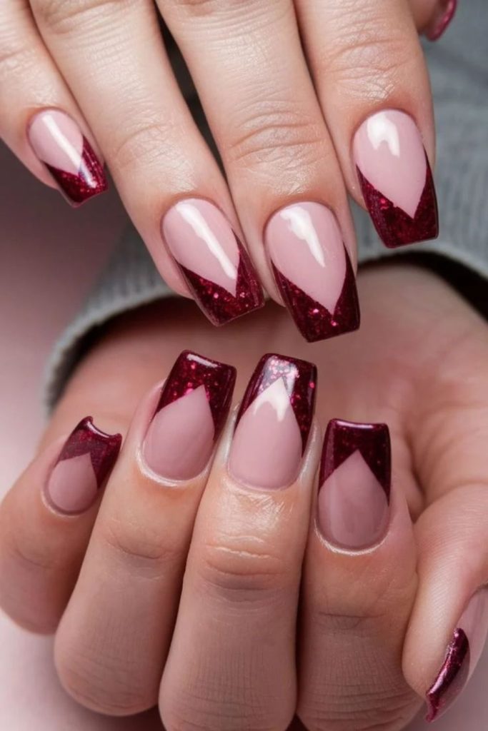 Burgundy French glitter tip nails
