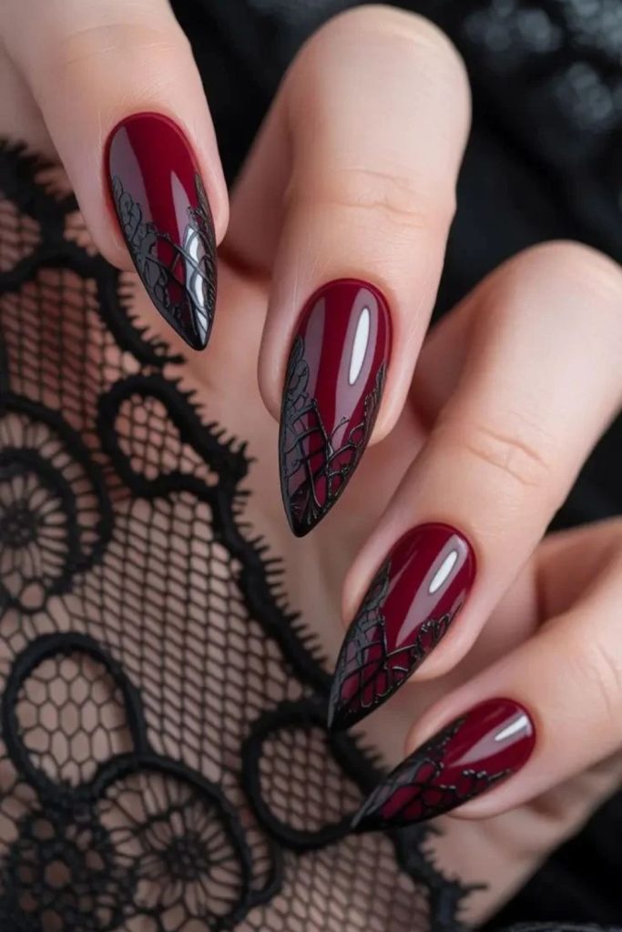 Burgundy lace romantic nail art