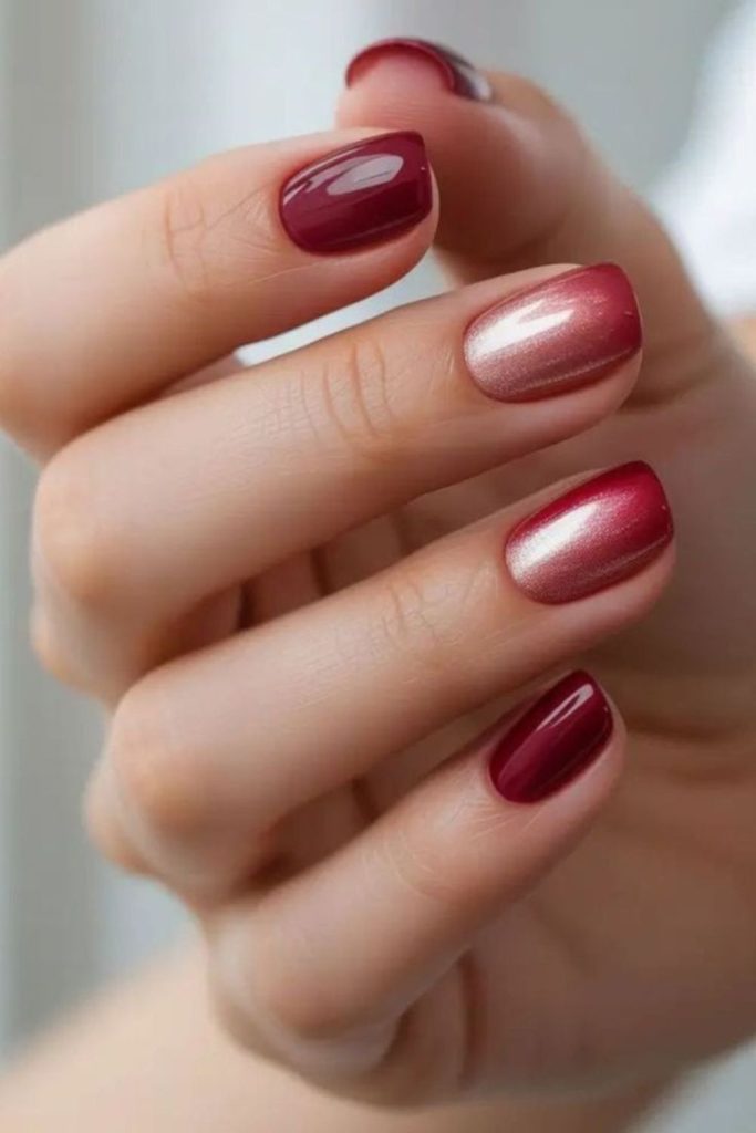 Burgundy pearl shimmer manicure design