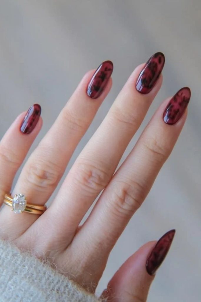 Burgundy tortoiseshell inspired nail art