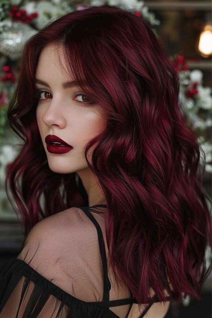 Burgundy velvet melt with dark roots.