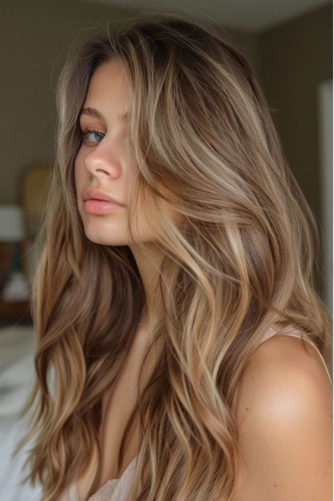 Butterscotch bronde hair with flowing highlights.