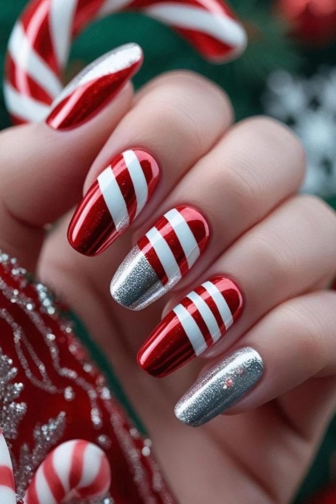 Matte red white candy cane nails.