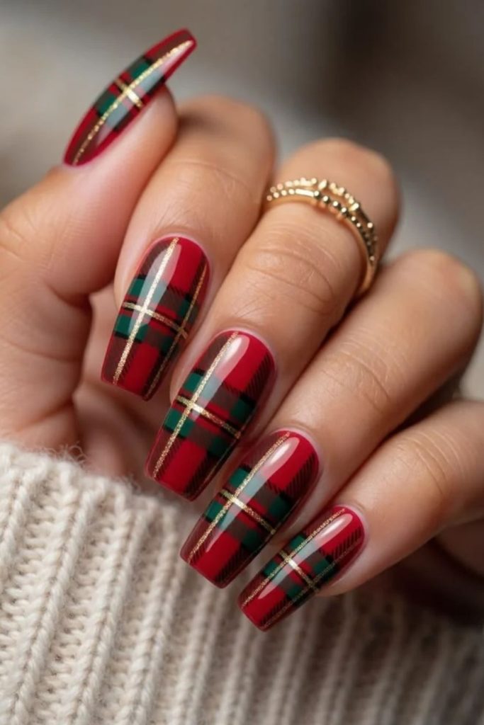 Red green candy cane plaid nails.