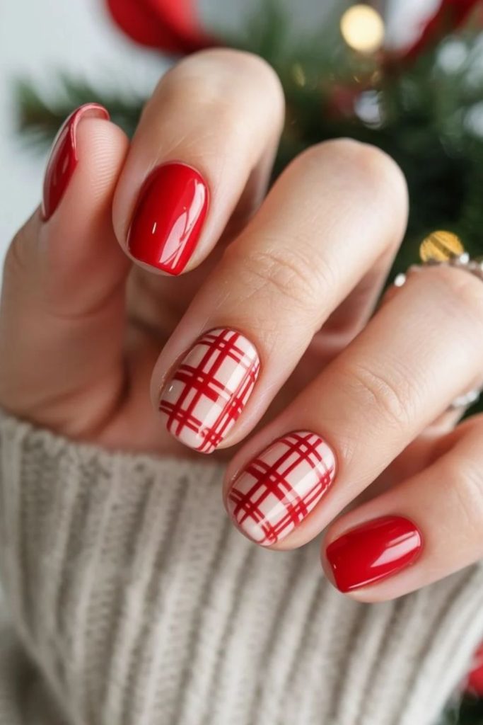 Festive red white candy cane plaid nails.