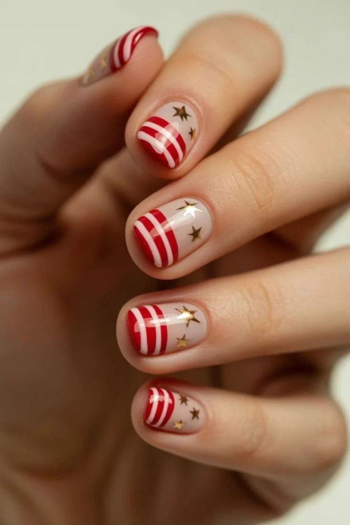 Starry night candy cane Christmas nails.