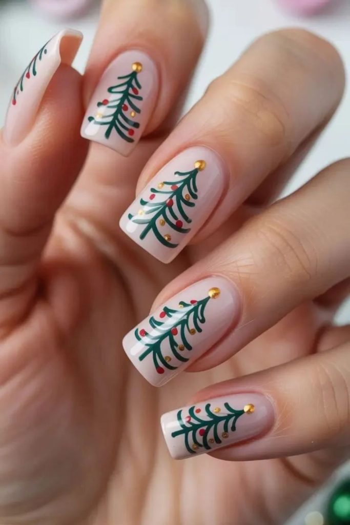 Candy cane Christmas tree nail design.