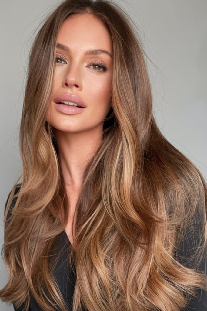 Caramel bronde hair with soft highlights.