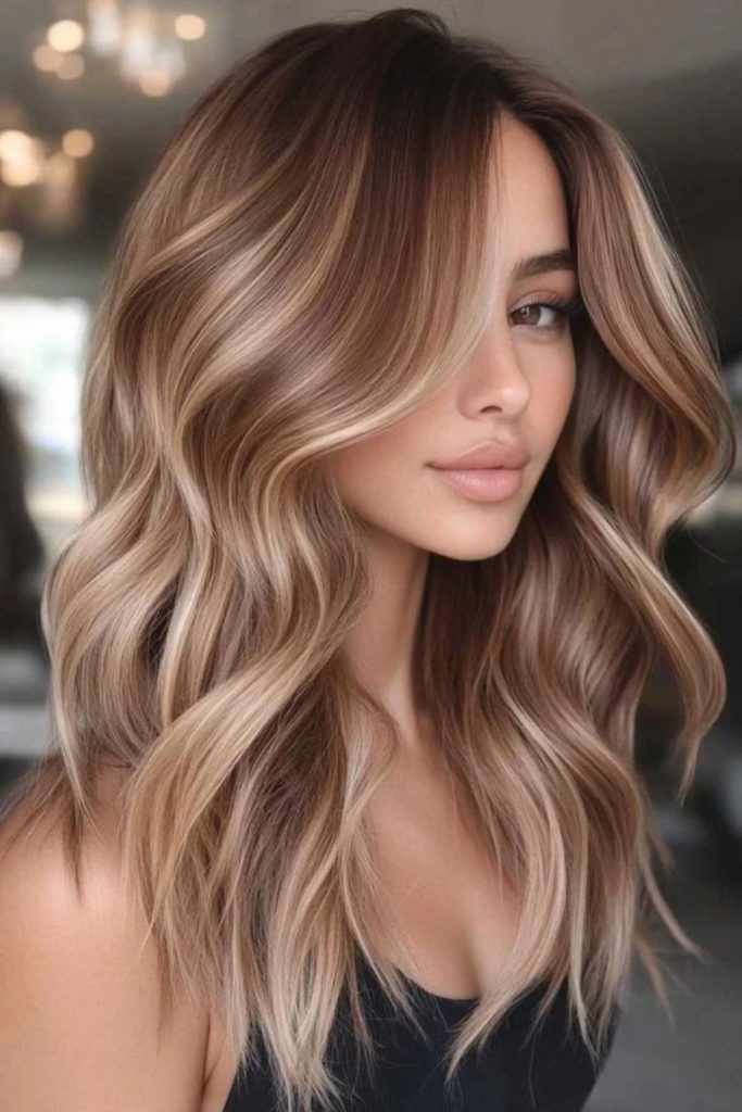 Caramel chai hair with swirling highlights.