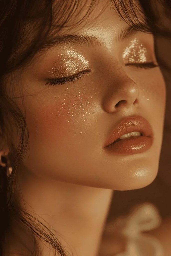 Caramel glitter doe eye makeup.
