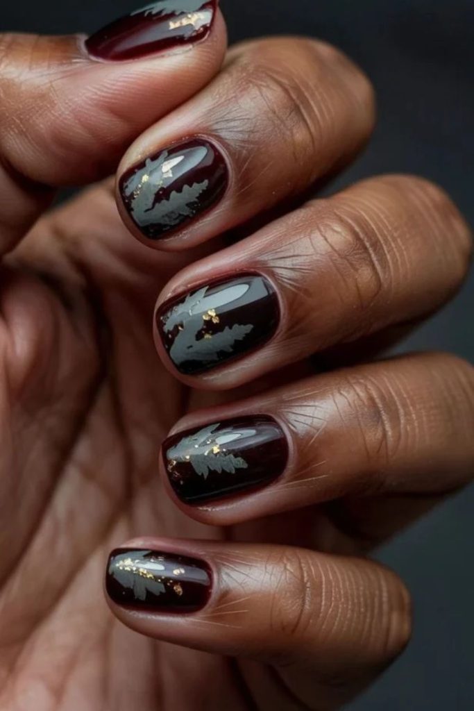 Celestial Christmas pine star nail art.