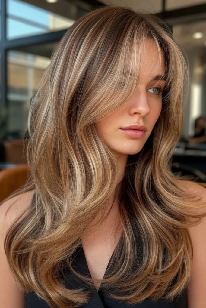 Chai latte hair with face framing.