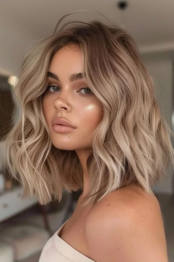 Chai latte hair with bright money pieces.
