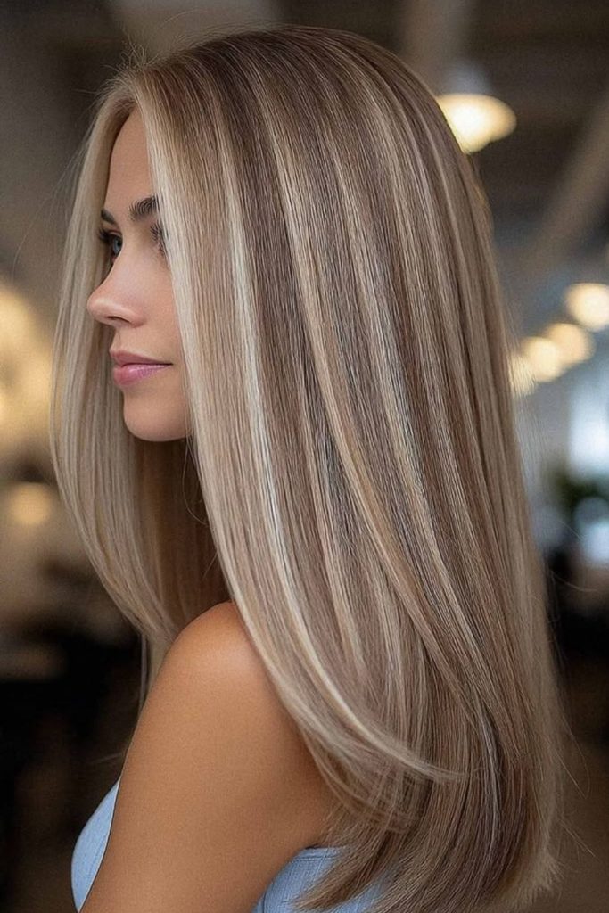Champagne bronde hair with blended highlights.