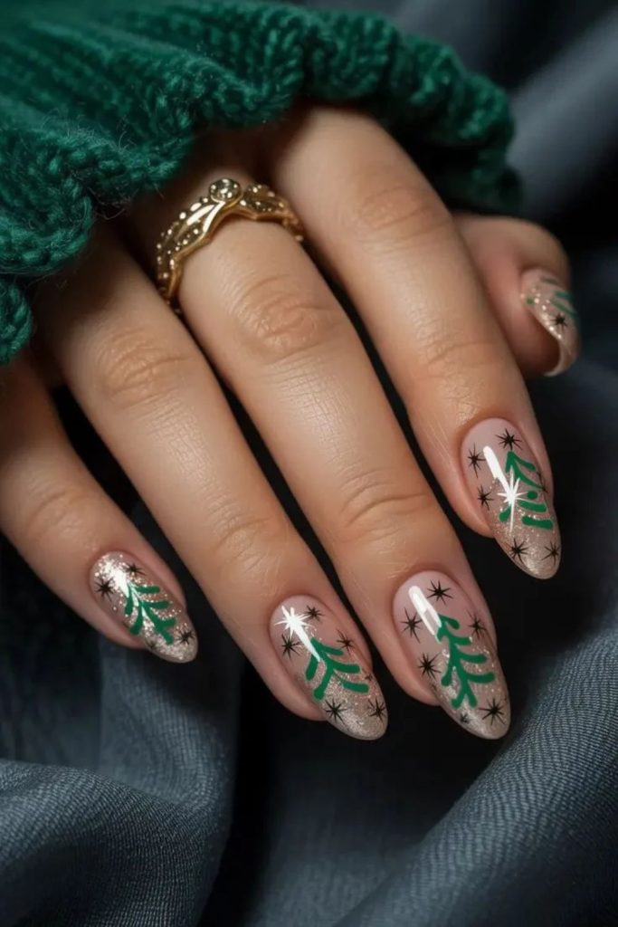 Champagne Christmas pine glitter nail design.