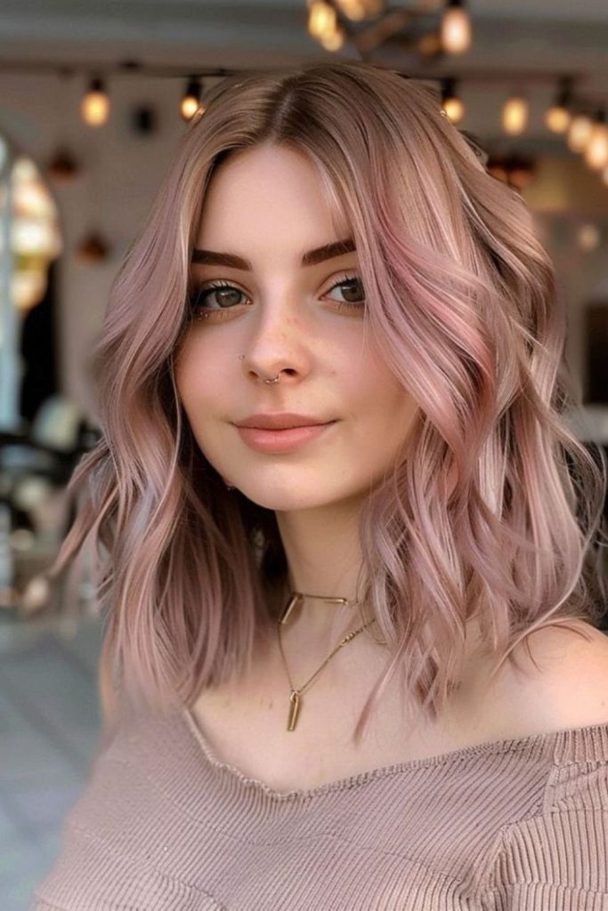 Champagne rose gold blonde hair color.