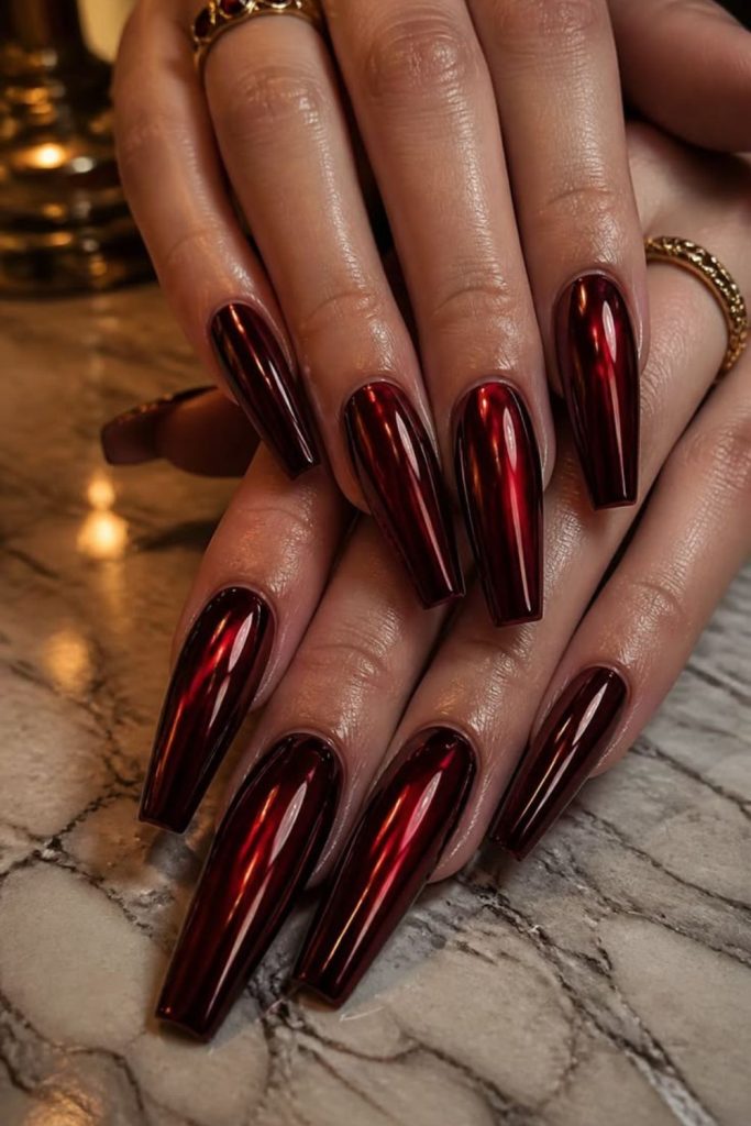 Cherry cola glossy coffin nails.
