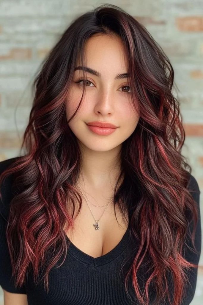Cherry merlot long wavy hair